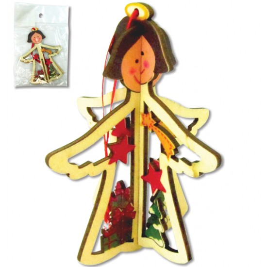 Ξύλινο τρισδιάστατο κρεμαστό Χριστουγεννιάτικο στολίδι αγγελάκι 10,5cm [00001055]
