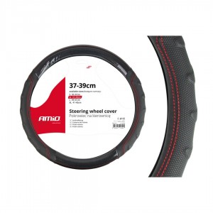 Amio - Κάλυμμα Τιμονιού 37-39cm SWC-21-M Μαύρο με Κόκκινη Ραφή - Σταθερό Κράτημα & Άνεση Οδήγησης - 1 Τεμ (01698/AM)