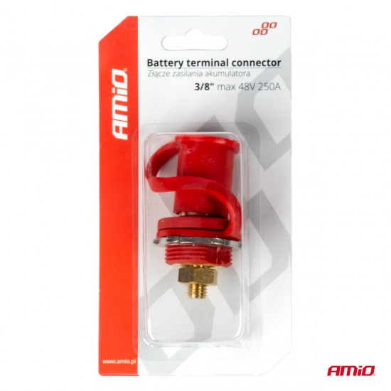ΠΟΛΟΣ ΜΠΑΤΑΡΙΑΣ ΘΕΤΙΚΟΣ 3/8'' M10 max.48V 250A ΣΕ ΚΟΚΚΙΝΟ ΧΡΩΜΑ ΜΕ ΚΑΠΑΚΙ AMIO - 1 Τεμ.