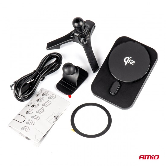 ΒΑΣΗ ΣΤΗΡΙΞΗΣ ΚΙΝΗΤΟΥ ΓΙΑ ΑΕΡΑΓΩΓΟ ΜΑΓΝΗΤΙΚΗ ΜΕ ΑΣΥΡΜΑΤΗ ΦΟΡΤΙΣΗ QUICK CHARGE QI2 15W 360° AMIO - 1 Τεμ.