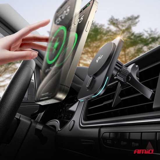 ΒΑΣΗ ΣΤΗΡΙΞΗΣ ΚΙΝΗΤΟΥ ΓΙΑ ΑΕΡΑΓΩΓΟ ΜΑΓΝΗΤΙΚΗ ΜΕ ΑΣΥΡΜΑΤΗ ΦΟΡΤΙΣΗ QUICK CHARGE QI2 15W 360° AMIO - 1 Τεμ.