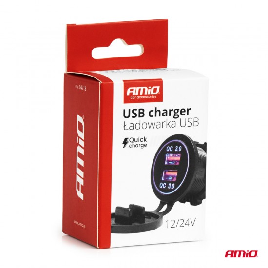 ΠΡΙΖΑ ΜΕ 2 ΘΥΡΕΣ USB ΚΑΙ ΚΑΠΑΚΙ 12/24V QUICK CHARGE 3.0 ΑΔΙΑΒΡΟΧΗ ΜΕ ΜΠΛΕ LED ΦΩΣ ΜΑΥΡΗ AMIO - 1 ΤΕΜ.