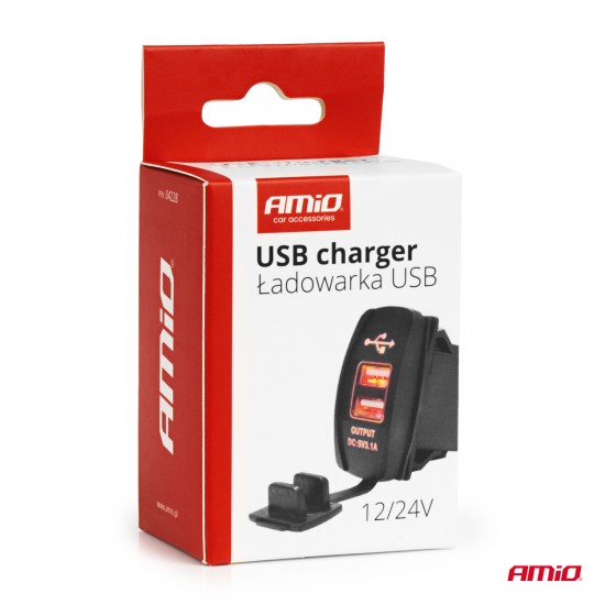 ΠΡΙΖΑ ΜΕ 2 ΘΥΡΕΣ USB ΚΑΙ ΚΑΠΑΚΙ 12/24V ΑΔΙΑΒΡΟΧΗ ΜΑΚΡΟΣΤΕΝΟ ΣΧΗΜΑ ΜΕ ΚΟΚΚΙΝΟ LED ΦΩΣ ΜΑΥΡΗ  AMIO - 1 Τεμ.