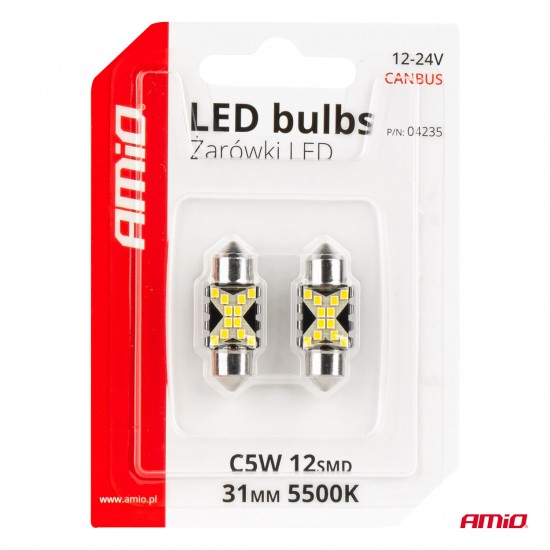 AMC-04235/AM - ΛΑΜΠΑΚΙΑ ΠΛΑΦΟΝΙΕΡΑΣ 31mm 12/24V C5W 5500K 12xSMD 2016 CAN-BUS FESTOON (ΛΕΥΚΟ) ΑΜΙΟ - 2 ΤΕΜ. ΛΑΜΠΑΚΙΑ ΠΛΑΦΟΝΙΕΡΑΣ 31mm 12/24V C5W 5500K 12xSMD 2016 CAN-BUS FESTOON (ΛΕΥΚΟ) ΑΜΙΟ - 2 ΤΕΜ.