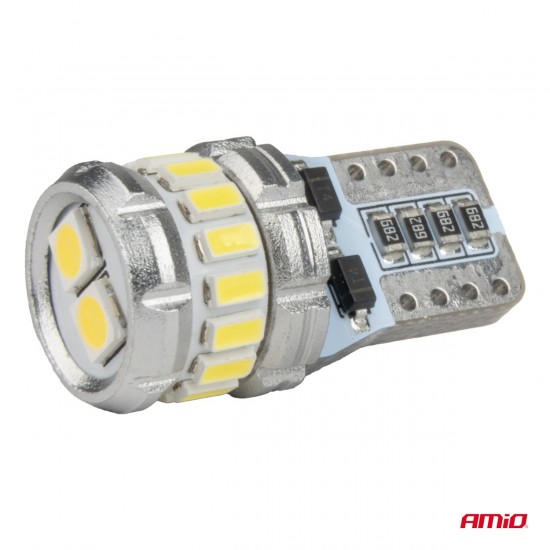Amio - Λάμπα LED CANBUS T10 (W5W) 16SMD 3014 + 2SMD 3030 Λευκή 6000K 12V/24V για Φώτα Θέσης, Πινακίδας & Εσωτερικού - 2τεμ. (04260/AM)