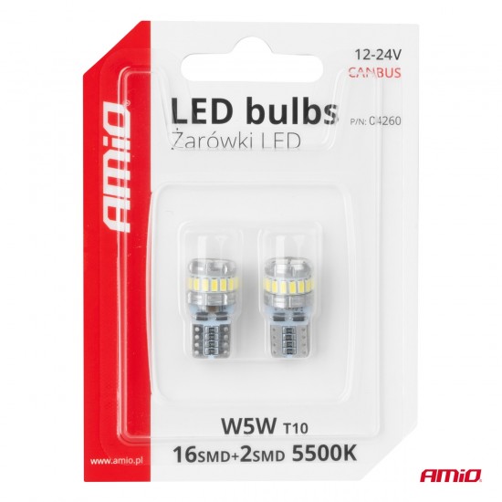 Amio - Λάμπα LED CANBUS T10 (W5W) 16SMD 3014 + 2SMD 3030 Λευκή 6000K 12V/24V για Φώτα Θέσης, Πινακίδας & Εσωτερικού - 2τεμ. (04260/AM)