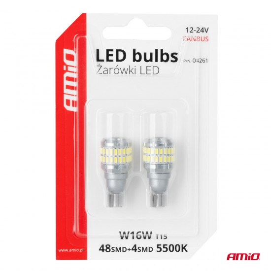 Amio - Λάμπα LED CANBUS T15 (W16W) 48SMD 3014 + 4SMD 3030 Λευκή 6000K 12V/24V για Φώτα Όπισθεν & Βοηθητικό Φωτισμό - 2τεμ. (04261/AM)