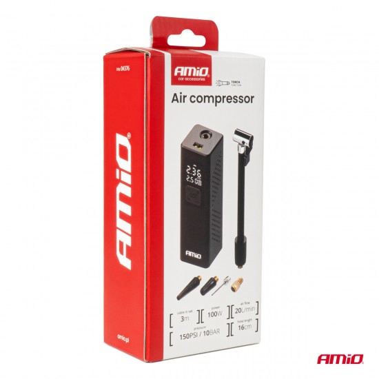 ΚΟΜΠΡΕΣΕΡ ΑΕΡΑ 12V 10BAR 150PSI 20L/MIN 100W ΜΕ ΨΗΦΙΑΚΗ ΟΘΟΝΗ & ΦΑΚΟ LED AMIO 1ΤΕΜ.