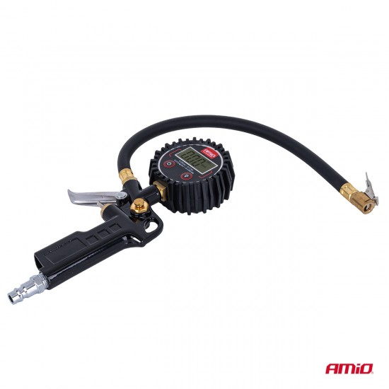 Amio - Επαγγελματικό αερόμετρο φουσκώματος με ψηφιακό μανόμετρο 17 bar – Οθόνη LCD βαλβίδα εκτόνωσης σωλήνας 30cm - 1 τεμ. (04466/AM)