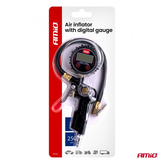 Amio - Επαγγελματικό αερόμετρο φουσκώματος με ψηφιακό μανόμετρο 17 bar – Οθόνη LCD βαλβίδα εκτόνωσης σωλήνας 30cm - 1 τεμ. (04466/AM)