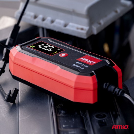 Amio - Φορτιστής Μπαταρίας Ψηφιακός PRO AGM GEL LiFePo4 (LFP) τάση λειτουργίας 6/12V ένταση ρεύματος 5A για Επιβατικά Αυτοκίνητα και Μοτοσυκλέτες - 1 τεμ. (04527/AM)