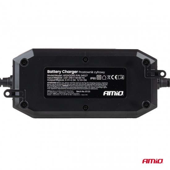 Amio - Φορτιστής Μπαταρίας Ψηφιακός PRO AGM GEL LiFePo4 (LFP) τάση λειτουργίας 6/12V ένταση ρεύματος 5A για Επιβατικά Αυτοκίνητα και Μοτοσυκλέτες - 1 τεμ. (04527/AM)