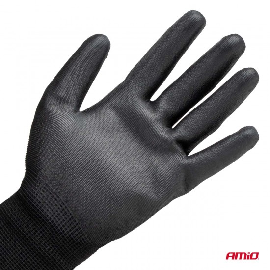 Amio - Γάντια Εργασίας ελαστικά με επικάλυψη πολυουρεθάνης χρώμα μαύρο μέγεθος No.8 - 2 ζευγ. (04631/AM)