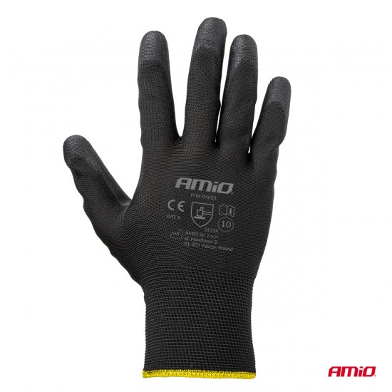 Amio - Γάντια Εργασίας ελαστικά με επικάλυψη πολυουρεθάνης χρώμα μαύρο μέγεθος No.10 - 2 ζευγ. (04633/AM)