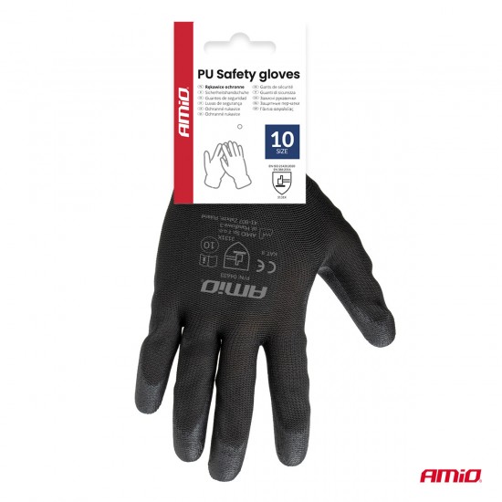 Amio - Γάντια Εργασίας ελαστικά με επικάλυψη πολυουρεθάνης χρώμα μαύρο μέγεθος No.10 - 2 ζευγ. (04633/AM)