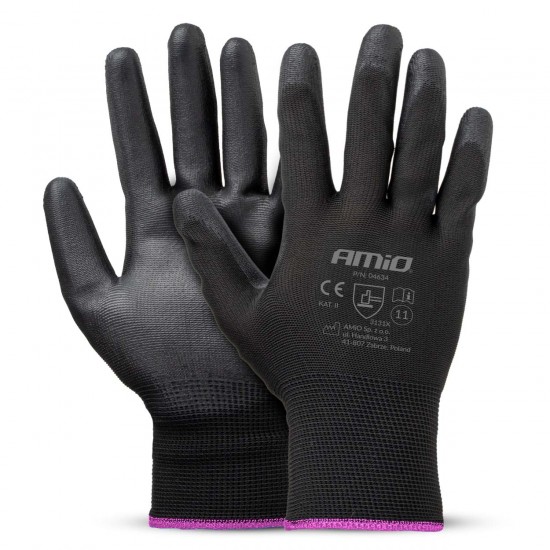 Amio - Γάντια Εργασίας ελαστικά με επικάλυψη πολυουρεθάνης χρώμα μαύρο μέγεθος No.11 - 2 ζευγ. (04634/AM)