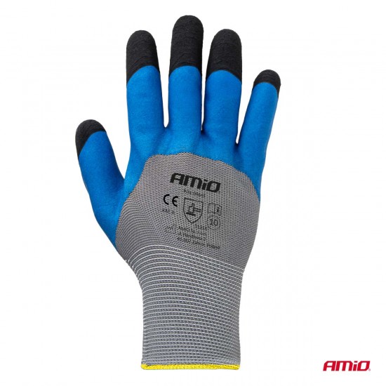 Amio - Γάντια Εργασίας με επικάλυψη αφρού λάτεξ χρώμα γκρι/γαλάζιο/μαύρο μέγεθος No.10 - 2 ζευγ. (04645/AM)
