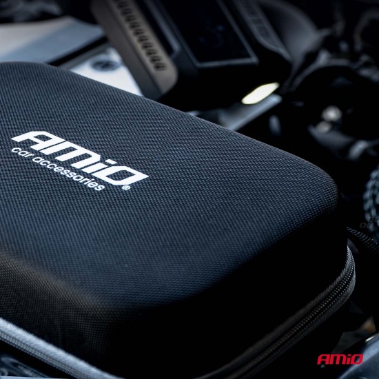 Amio - Φορητός Εκκινητής Μπαταρίας (Jump Starter) 4 σε 1 με ενσωματωμένο Κομπρεσέρ Αέρα, Powerbank και Φακό LED τάση λειτουργίας 12V με χωρητικότητα 12Ah και μέγιστο ρεύμα εκκίνησης 1600A για Επιβατικά Αυτοκίνητα - 1 τεμ. (04677/AM)