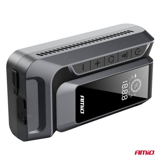 Amio - Φορητός Εκκινητής Μπαταρίας (Jump Starter) 4 σε 1 με ενσωματωμένο Κομπρεσέρ Αέρα, Powerbank και Φακό LED τάση λειτουργίας 12V με χωρητικότητα 12Ah και μέγιστο ρεύμα εκκίνησης 1600A για Επιβατικά Αυτοκίνητα - 1 τεμ. (04677/AM)
