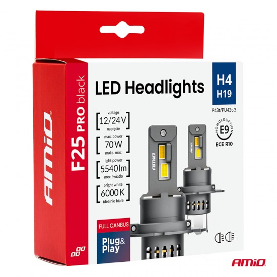 Amio - Λαμπτήρες LED F25 PRO Black Edition H4/H19 70W 12-24V Full CAN Bus με Φωτεινότητα 8000lm σε Ψυχρό Λευκό 6000K για Επιβατικά Αυτοκίνητα & Φορτηγά - Σετ 2 τεμ. (04719/AM)