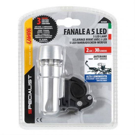 AMC-9356.9-LB - Φως εμπρός ποδηλάτου SPECIALIST ασημί 5led 3 χρήσεων Φως εμπρός ποδηλάτου SPECIALIST ασημί 5led 3 χρήσεων