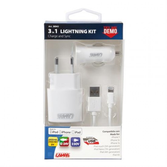 AMC-L3894.3/T - Καλώδιο Φορτισης / Συγχρονισμού USB για Apple 100cm 8pin με αντάπτορα USB αναπτήρα 12V/24V και αντάπτορα 220V Καλώδιο Φορτισης / Συγχρονισμού USB για Apple 100cm 8pin με αντάπτορα USB αναπτήρα 12V/24V και αντάπτορα 220V
