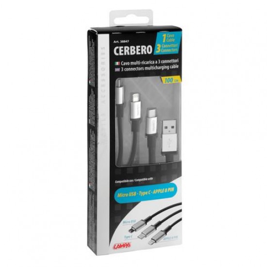 AMC-L3884.7/T - ΚΑΛΩΔΙΟ USB ΦΟΡΤΙΣΗΣ CERBERO 100 cm (3 ΑΝΤΑΠΤΟΡΕΣ TYPE C/APPLE/MICRO USB - 8 PIN) SILVER LINE ΚΑΛΩΔΙΟ USB ΦΟΡΤΙΣΗΣ CERBERO 100 cm (3 ΑΝΤΑΠΤΟΡΕΣ TYPE C/APPLE/MICRO USB - 8 PIN) SILVER LINE