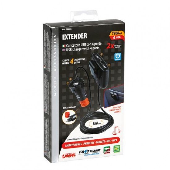 AMC-L3888.3/T - ΦΟΡΤΙΣΤΗΣ ΑΝΤΑΠΤΟΡΑΣ ΑΝΑΠΤΗΡΑ 4USB 12/24V ΜΕ ΚΑΛΩΔΙΟ 180cm 7800mA FAST CHARGE EXTENDER ΦΟΡΤΙΣΤΗΣ ΑΝΤΑΠΤΟΡΑΣ ΑΝΑΠΤΗΡΑ 4USB 12/24V ΜΕ ΚΑΛΩΔΙΟ 180cm 7800mA FAST CHARGE EXTENDER