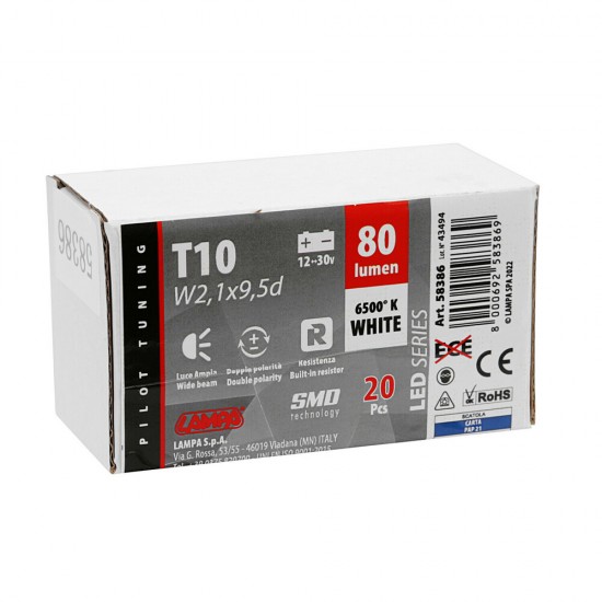 T10 W5W 12/30V W2,1x9,5d 80lm 5SMD LED ΛΕΥΚΟ (ΚΑΡΦΩΤΟ-ΤΡΙΠΛΟΕΣΤΙΑΚΟ- CAN-BUS) 20 ΤΕΜ.