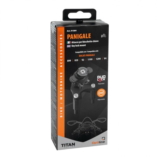 Βάση Στήριξης Κινητού Panigale της σειράς Titan Optiline για τις Βίδες στην Μίζα στο Τιμόνι Μηχανής Panigale 899, 959, V2, 1199, 1299, V4 με σύστημα Duolock, συμβατή με Θήκες ή Αντάπτορες Κινητού Optiline