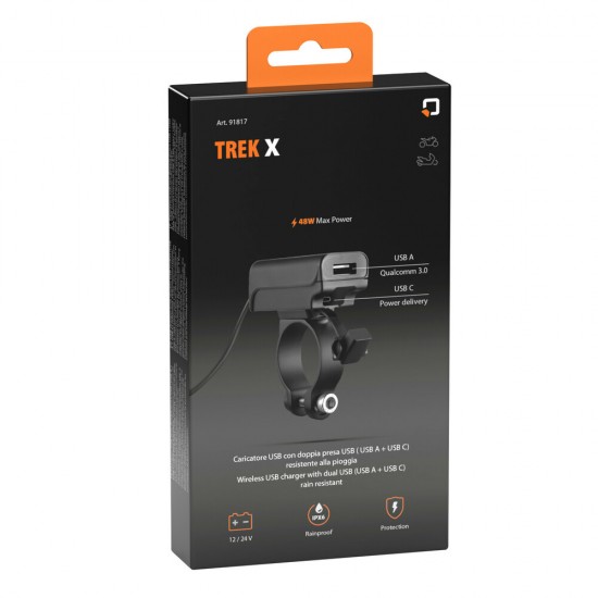 Αδιάβροχος Φορτιστής Κινητού Trek X 12/24V 48W της σειράς Optiline με 2 θύρες USB Type A και USB Type C, Καλώδιο 180 cm, Βύσμα SAE και Ακροδέκτες, Ασφάλεια, Αδιαβροχοποίηση IPX6, συμβατό με Βάσεις Στήριξης, Θήκες ή Αντάπτορες Κινητού Optiline