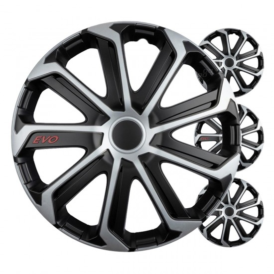Amio - Σετ Τάσια Τροχών 15'' ιντσών, Μοντέλο EVO, Χρώμα Μαύρο / Ασημί – Σετ 4 τεμαχίων σε Κουτί (9757/AM)
