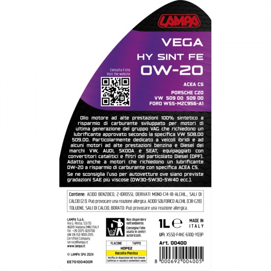 AMC-L0040.0 - ΛΑΔΙ ΚΙΝΗΤΗΡΑ OW-20 VEGA HY SINT FE ΣΥΝΘΕΤΙΚΟ ACEA C5 FUEL ECONOMY 1L LAMPA - 1 ΤΕΜ. ΛΑΔΙ ΚΙΝΗΤΗΡΑ OW-20 VEGA HY SINT FE ΣΥΝΘΕΤΙΚΟ ACEA C5 FUEL ECONOMY 1L LAMPA - 1 ΤΕΜ.
