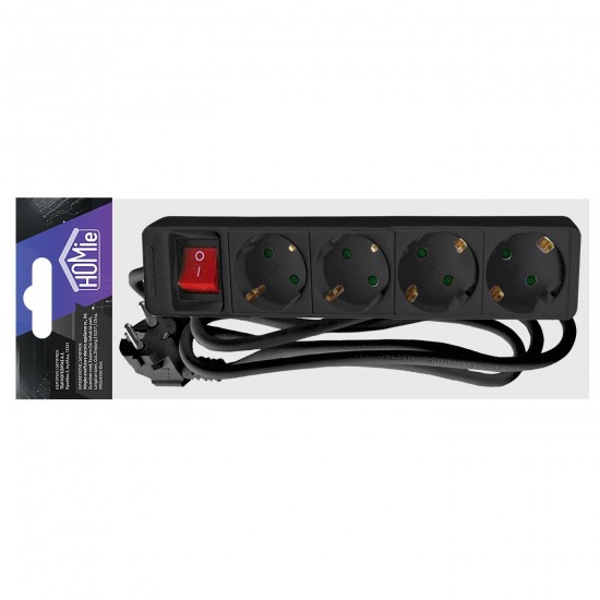 Πολύπριζο 4 Θέσεων με Κουμπί Μαύρο 1,5m (3x1.5mm2) Homie 322097