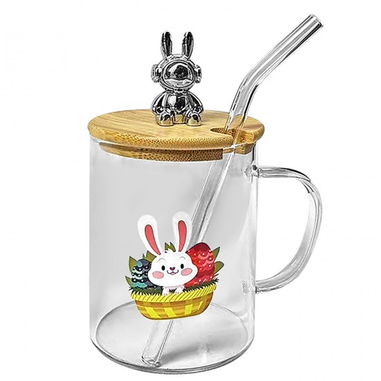 Κούπα με Καλαμάκι Γυάλινη Κλείνει με Ξύλο Happy Rabbit 10x8cm  400ml Bunny's 932239