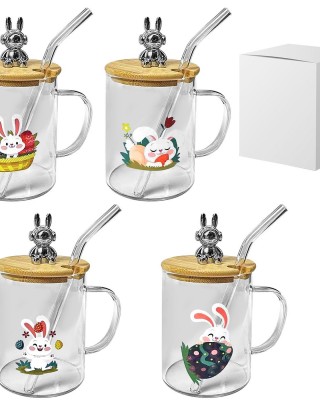 Κούπα με Καλαμάκι Γυάλινη Κλείνει με Ξύλο Happy Rabbit 10x8cm 400ml Bunny's 932239