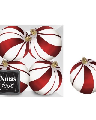 Μπάλες Λευκές με Κόκκινες Ρίγες πακ=4τεμ φ10 ø10cm Xmasfest 1133597